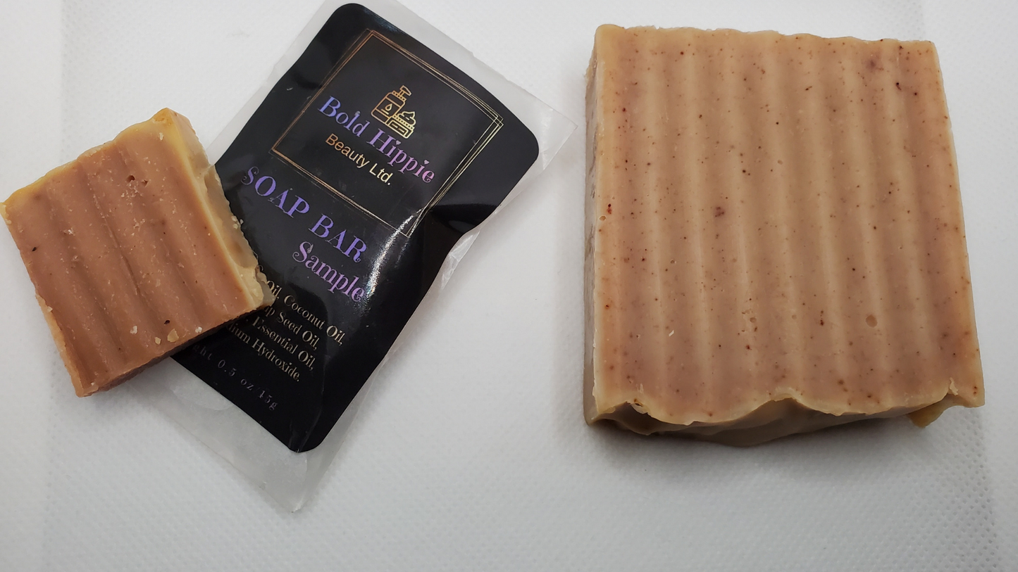 3.5 OZ Rosehip powder soap bar with a fresh and earthy lemongrass scent. These soaps are bubbly and cleansing. They are made with all-natural vegan, gluten-free, and eco-friendly products and packaging.  Samples/Travel size (.5oz) is also available.   Ingredients: Olive oil, coconut oil, Shea butter, hemp seed oil, Castor oil, water, lye, essential oils and rosehip powder.